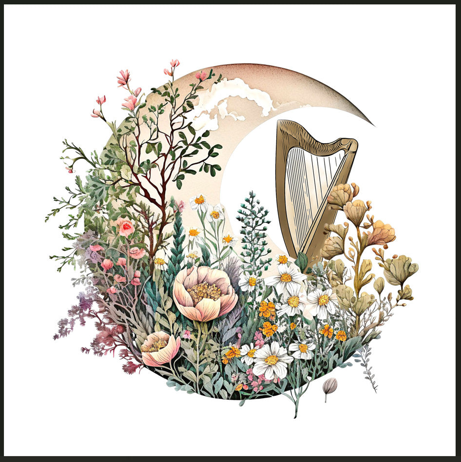 Harp Over a Floral Moon