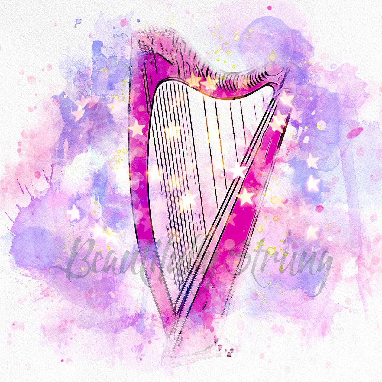 Pink Abundant Energy Gold Stars Harp Watercolour