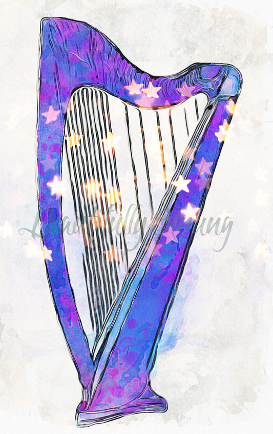 Blue Harp Gold Stars Watercolour